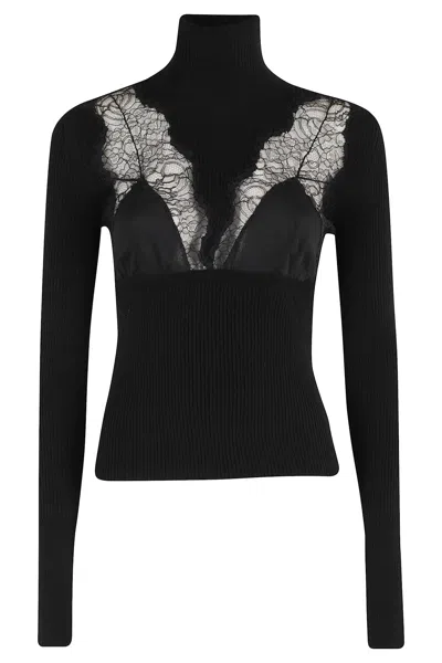 Blumarine Turtleneck Knit With Ribbed Texture And Lace Inserts In Black