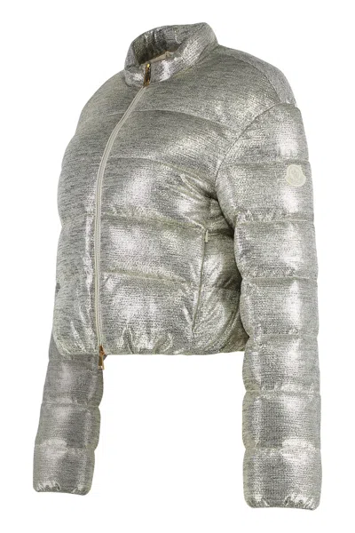 Moncler Short Down Jacket High Collar In Metallic