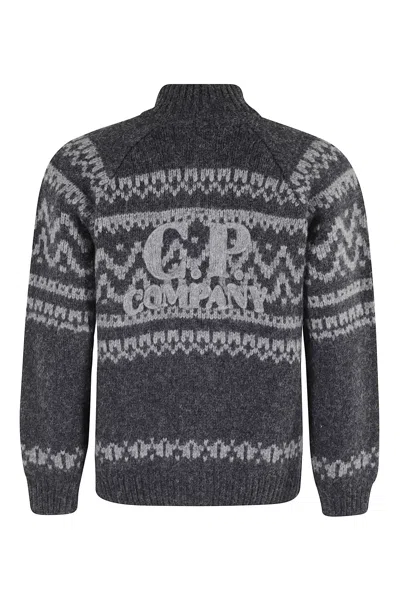 C.p. Company Graphic Patterned Wool Cardigan With High Collar In Gray
