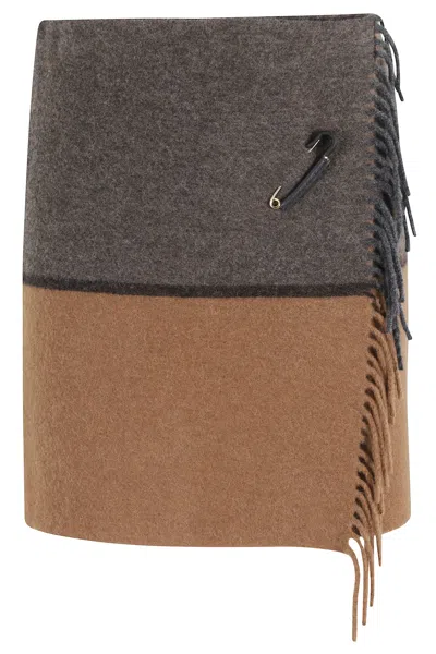 Semicouture Bicolor Wool Mini Skirt With Fringed Edge In Gray