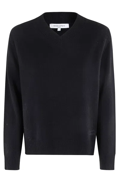 Maison Kitsuné Merino Wool Comfort V-neck Jumper In Blue