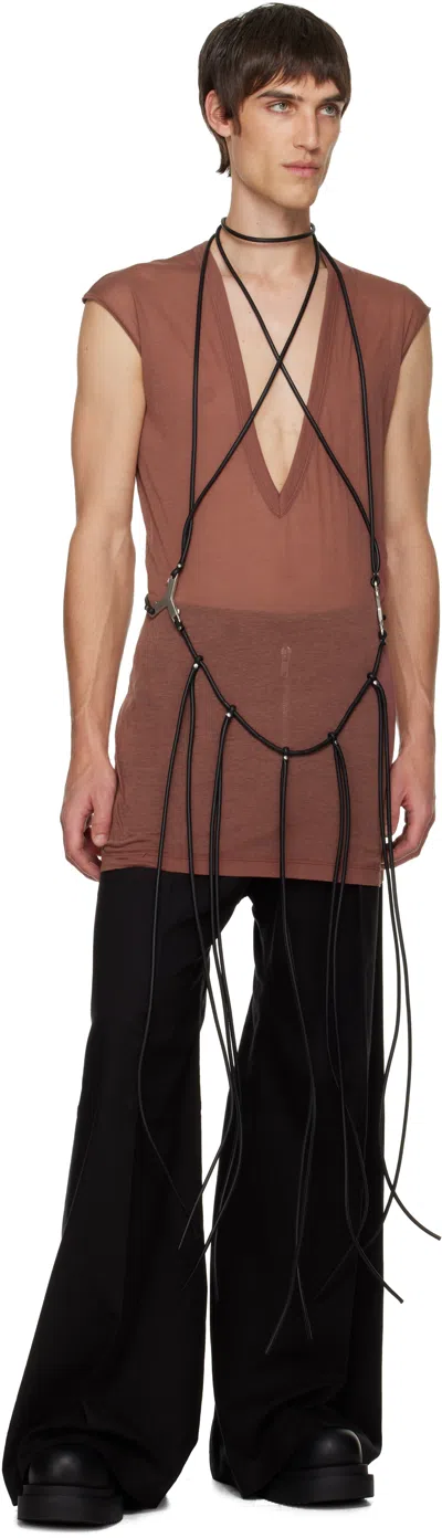 Rick Owens Black Concordians Cord Fringed Tank Top In Brown