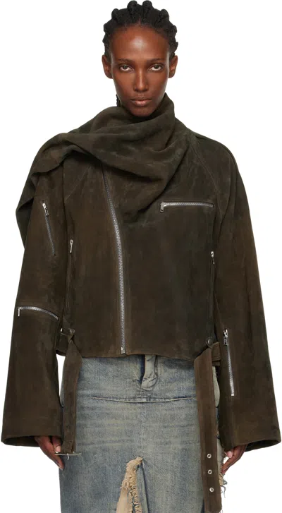 Rick Owens Gray Concordians Cropped Scarf Flight Suede Jacket In Brown