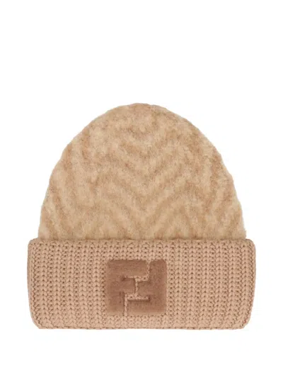 Fendi Brown Chevron Alpaca Beanie Women In Neutral