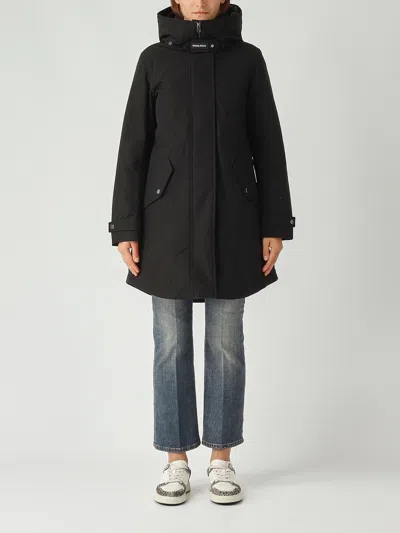 Woolrich Hooded Coat With Adjustable Cuffs And Drawstring Waist In Multi