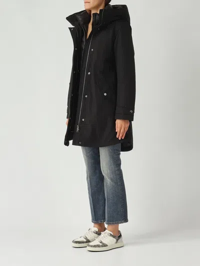 Woolrich Hooded Coat With Adjustable Cuffs And Drawstring Waist In Multi