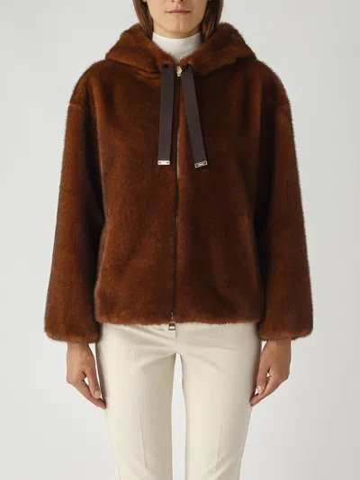 Herno Dark Brown Faux Fur Bomber Jacket With Custom Drawstring Hood In Brown
