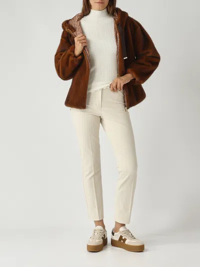 Herno Dark Brown Faux Fur Bomber Jacket With Custom Drawstring Hood In Brown