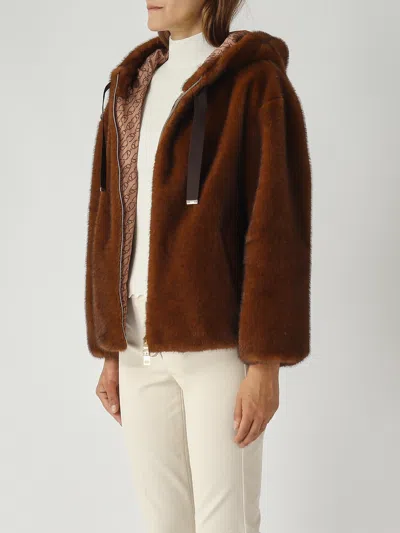 Herno Dark Brown Faux Fur Bomber Jacket With Custom Drawstring Hood In Brown
