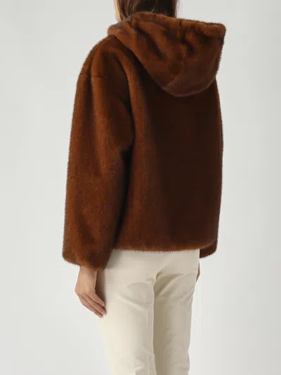 Herno Dark Brown Faux Fur Bomber Jacket With Custom Drawstring Hood In Brown