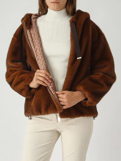 Herno Dark Brown Faux Fur Bomber Jacket With Custom Drawstring Hood In Brown