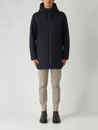 Herno Long Scuba Jacket With Hood And Side Zip Pockets In Blue