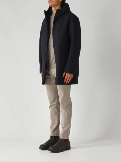 Herno Long Scuba Jacket With Hood And Side Zip Pockets In Blue
