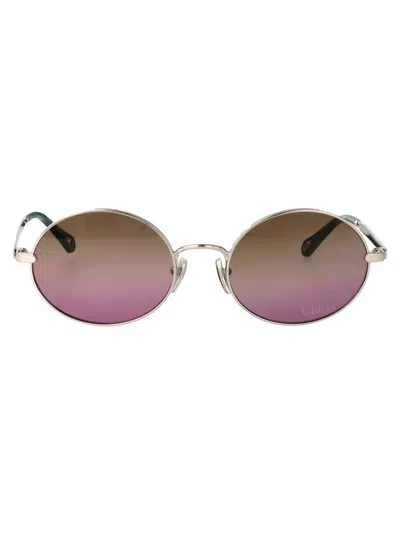 Chloé Silver-silver-green Metal Sunglasses In Multi