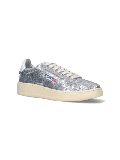Autry Dallas Low Sparkling Sneakers In Silver And White Sequins Shoes In Multi