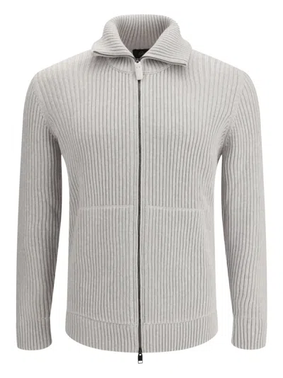 Brioni Zip-up Ribbed-knit Cardigan In Gray