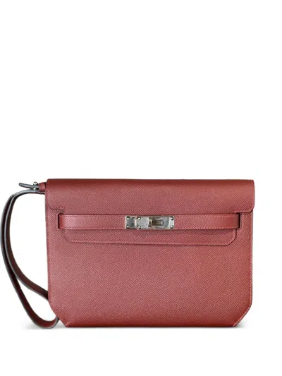 Pre-owned Hermes Kelly Depeches 25 Epsom-leather Palladium-hardware Clutch Bag In Red