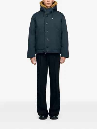 Sandro Fur-trim Button Jacket In Blue
