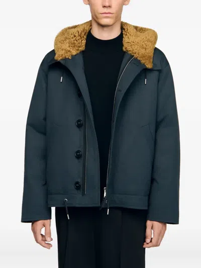 Sandro Fur-trim Button Jacket In Blue