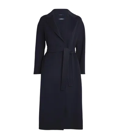 Max Mara Virgin Wool Midi Wrap Coat In Blue