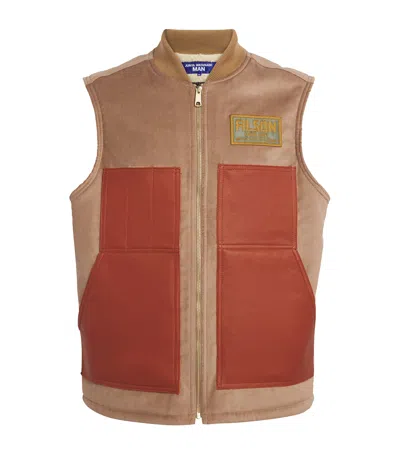 Junya Watanabe Sleeveless Jacket With Patch Pockets And Contrast Panels In Brown
