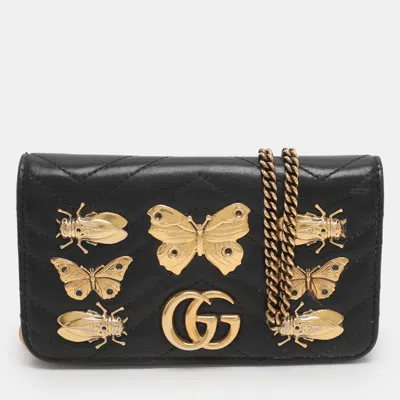 Pre-owned Gucci Black Animal Studs Matelasse Leather Mini Gg Marmont Chain Clutch