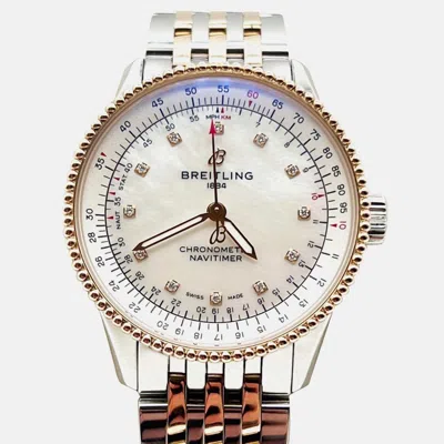 Pre-owned Breitling Navitimer U17395 Automatic White Diamonds 18k Rose Gold Stainless Steel Women's Wristwatch 35 Mm