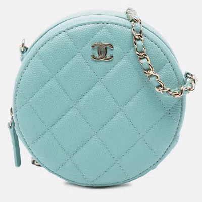 Pre-owned Chanel Blue Cc Quilted Caviar Round Clutch With Chain