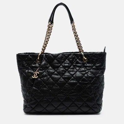 Pre-owned Chanel Black Large Cc Quilted Glazed Caviar Coco Pleats Tote