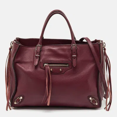 Pre-owned Balenciaga Pourpre Veau Leather Papier A6 Side Zip Tote In Burgundy