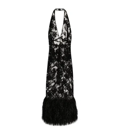 Dolce & Gabbana Cotton-blend Lace Feather-trimmed Maxi Dress In Black