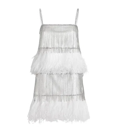 Dolce & Gabbana Silk-blend Rhinestone Feather Mini Dress In Silver