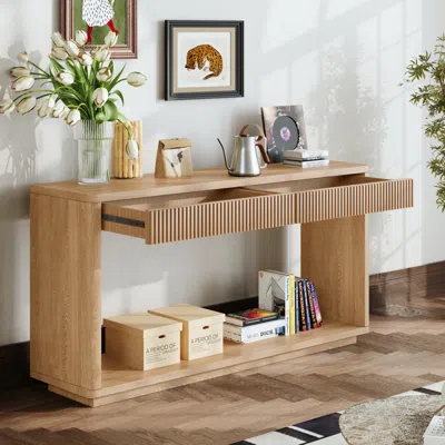 Streamdale Furniture Streamdale 60" Modern 2-drawer Fluted Console Table - Natural Wood Veneer Sofa Table In Brown