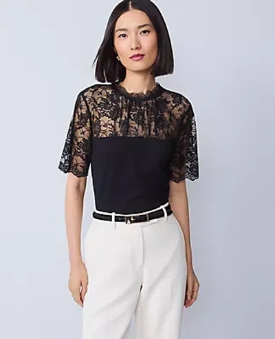 Ann Taylor Ponte Lace Trim Top In Black