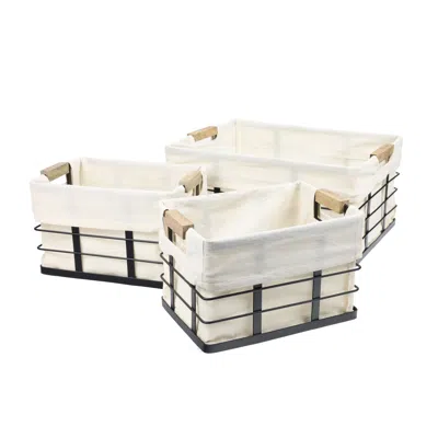 Happimess Callan Vintage Industrial Handmade Wire Metal Nesting Storage Baskets With Wood Handles And Fabric L In White