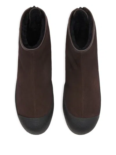 Bally Curling Suede Boots In Brown