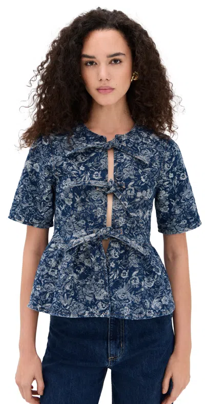 Ganni Tapestry Denim Peplum Blouse Mid Blue Stone In Blue