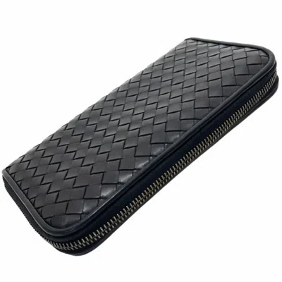 Pre-owned Bottega Veneta Intrecciato Black Leather Long Wallet (bi-fold) ()