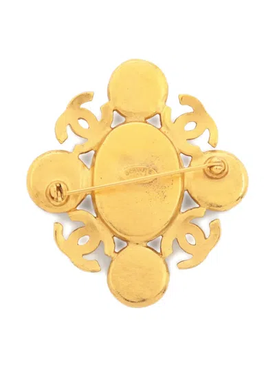 Pre-owned Chanel 1995 Cc-mark Stone Brooch In Gold