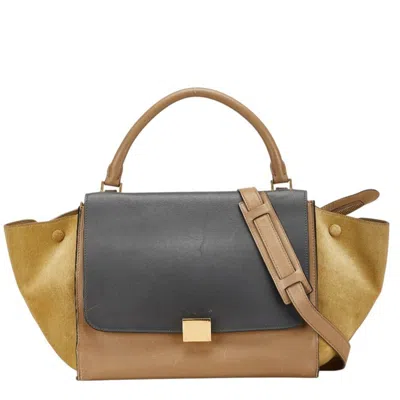 Pre-owned Celine Trapeze Gray Beige Khaki Leather Suede Handbag Shoulder Bag ()