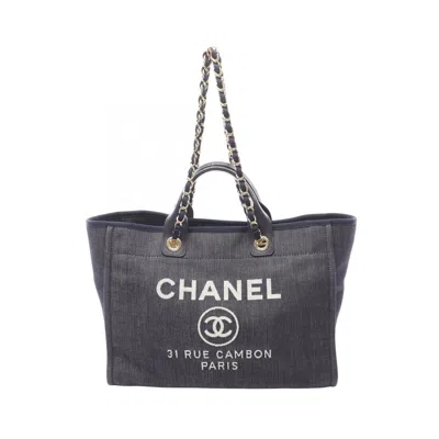 Pre-owned Chanel Navy Denim Leather Tote Bag () In Blue