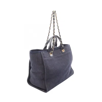Pre-owned Chanel Navy Denim Leather Tote Bag () In Blue