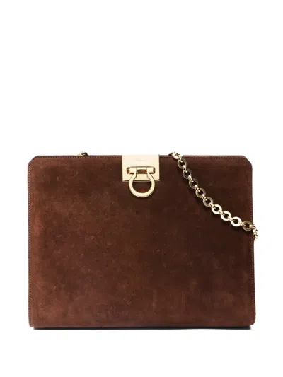 Pre-owned Ferragamo 1990-2000s Ganchini Chain-strap Suede Shoulder Bag In Brown