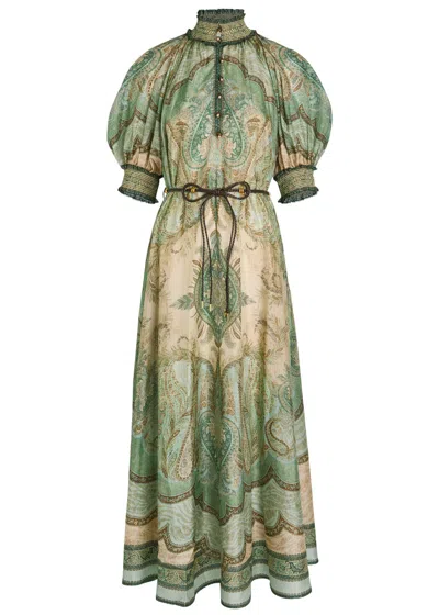 Zimmermann Wanderlust Billow Patterned Silk Midi Dress In Green