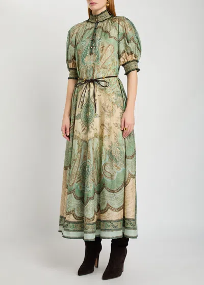 Zimmermann Wanderlust Billow Patterned Silk Midi Dress In Green