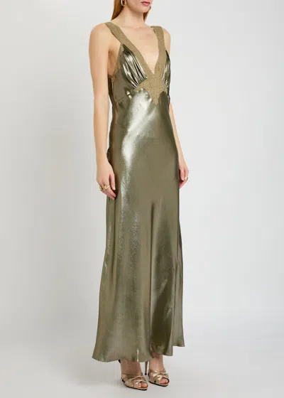 Saint Laurent Yves  Metallic Silk Maxi Dress In Gold