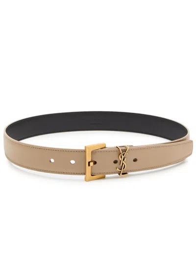 Saint Laurent Logo Leather Belt In Sand