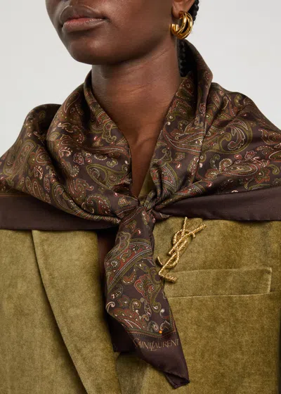 Saint Laurent Logo Sculpted Metal Brooch In Brown