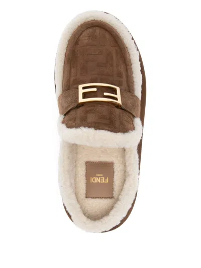 Fendi Women Beige Mules With Logo Lettering On The Rear And Ff Buckle In Suede Woman In Brown