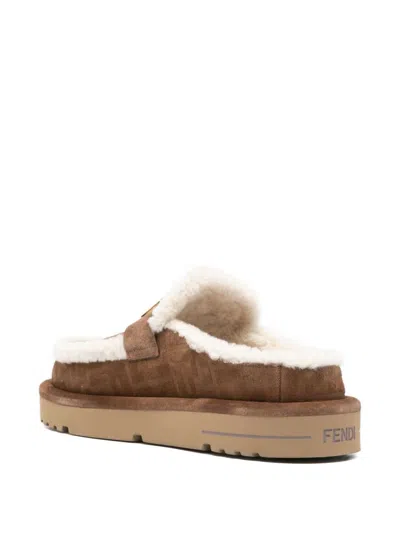 Fendi Women Beige Mules With Logo Lettering On The Rear And Ff Buckle In Suede Woman In Brown